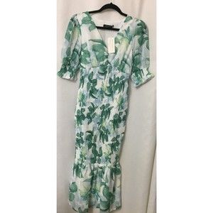 Simplee Boho Dress Small Green Floral shirring elastic midriff midi Wedding D1